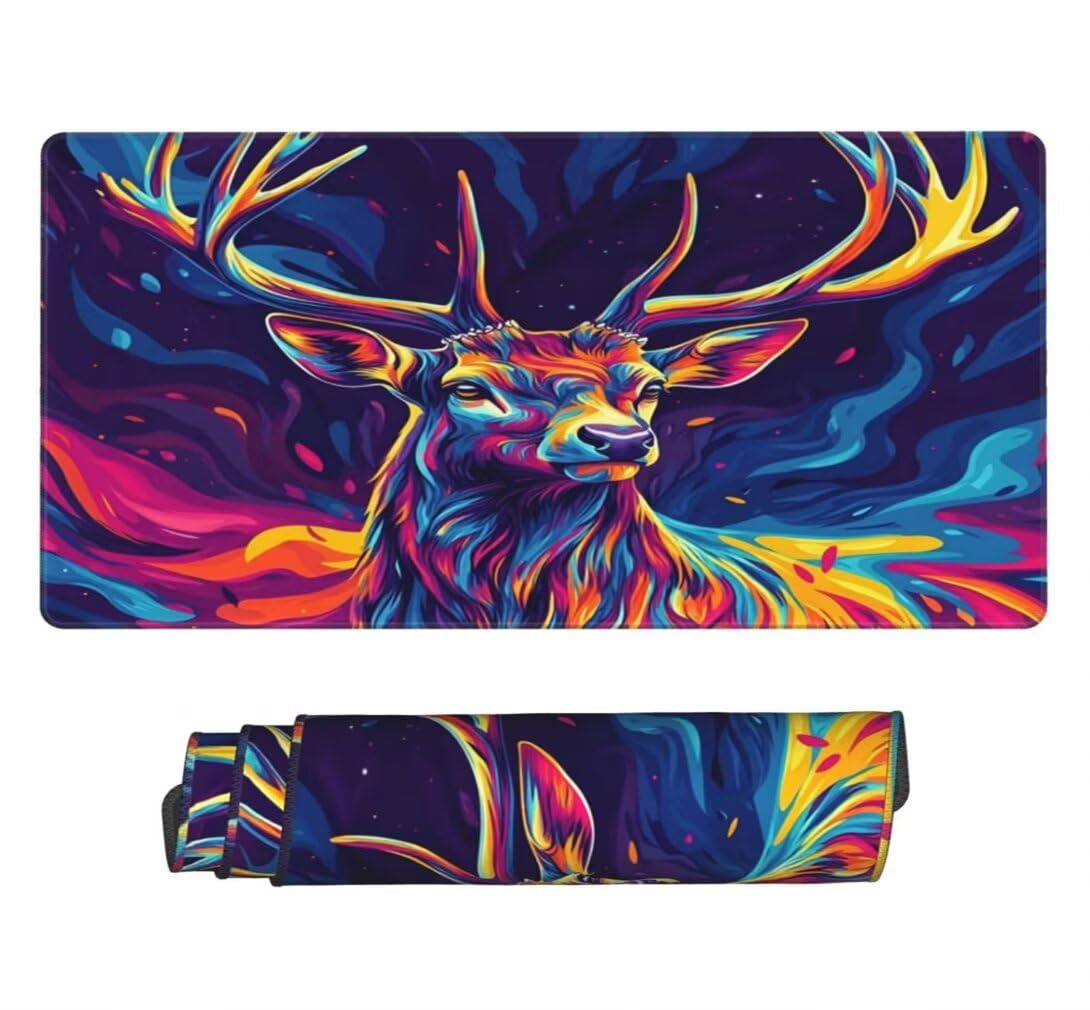 Tappetino Mouse XXL 1200x600mm Blu Grande Mouse Pad, Tappetino Scrivania Grande Mousepad Gaming con Bordi Cuciti, Tappeto Scrivania con Base Antiscivolo per Ufficio e Casa (Cervo Colorato) -MP1590