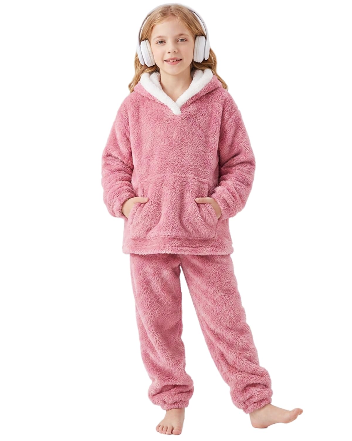 FishingDino Set di abbigliamento per bambini, taglia 122-152, due pezzi, a maniche lunghe, in flanella, per il tempo libero, con tasca a marsupio, colletto a risvolto, pantaloni da jogging
