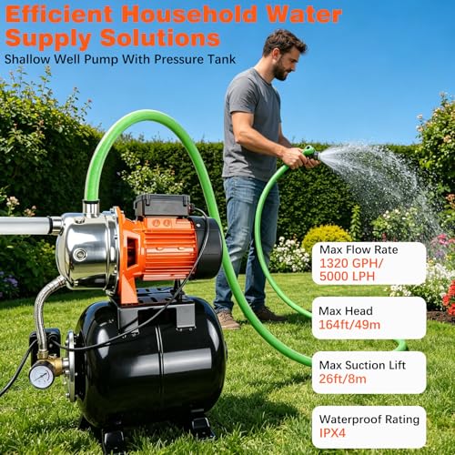 Ioboneed 1 HP Shallow Well Pump with Pressure Tank, 1000 GPH, Automatic Irrigation Water Booster Pump with 130 ft Head Lift 20/40 PSI Pressure Switch 304 Stainless Steel Pump Head for Home Garden Lawn by ioboneed - Image 2