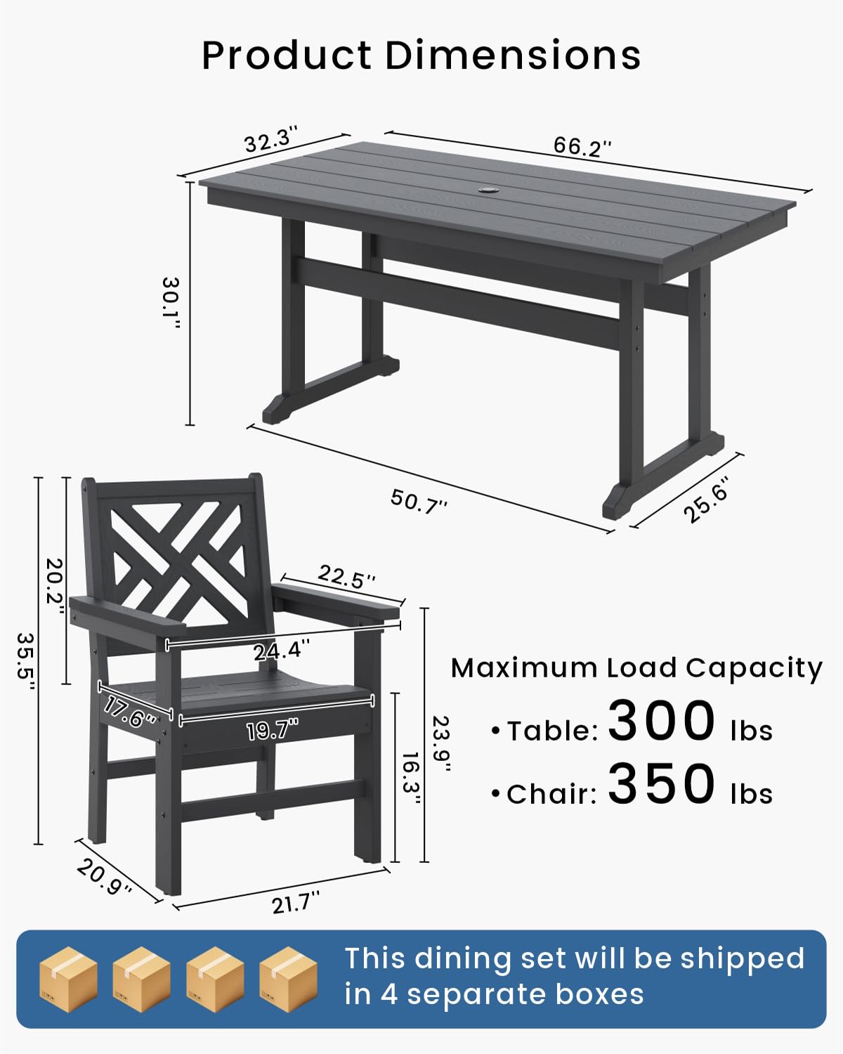 Juego de mesa y sillas de patio HDPE de 7 piezas, juego de comedor de plástico para todo tipo de clima para 6 personas (negro) 2