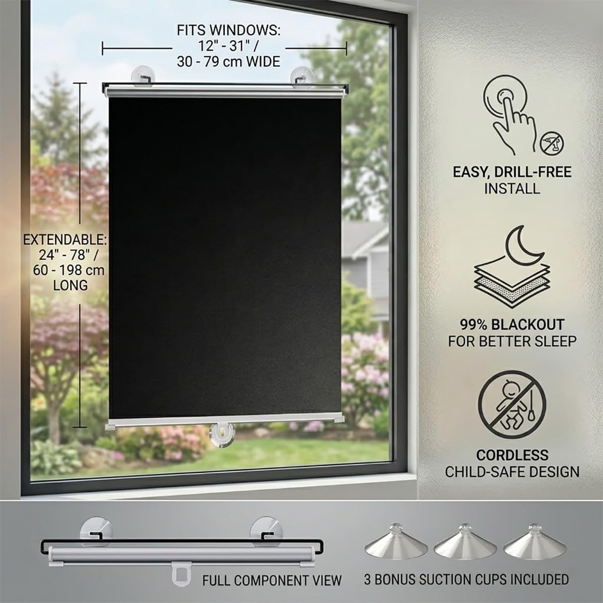 Store Enrouleur Occultant À Ventouse, Rideau Protection de Vie Privée Protection Soleil, Store Rétractable pour Fenêtre de Toit, Rideaux Occultants sans Perçage pour Salon Cuisine