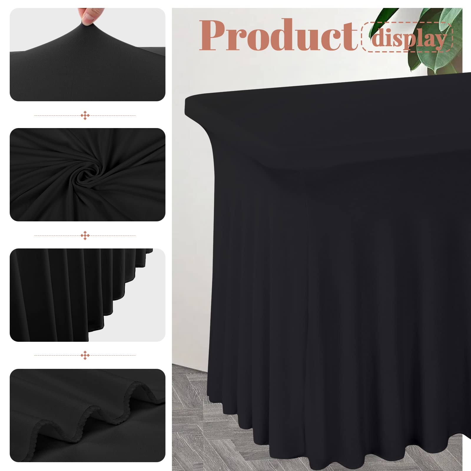 3 Packungen Spandex-Tischröcke, 182 x 76 cm, Stretch-Tischdecke für rechteckige Tische, knitterfreie Tischdecke mit Rock, Spandex-Tischdecke, Tischrock für Hochzeitsbankette, Messen, Schwarz
