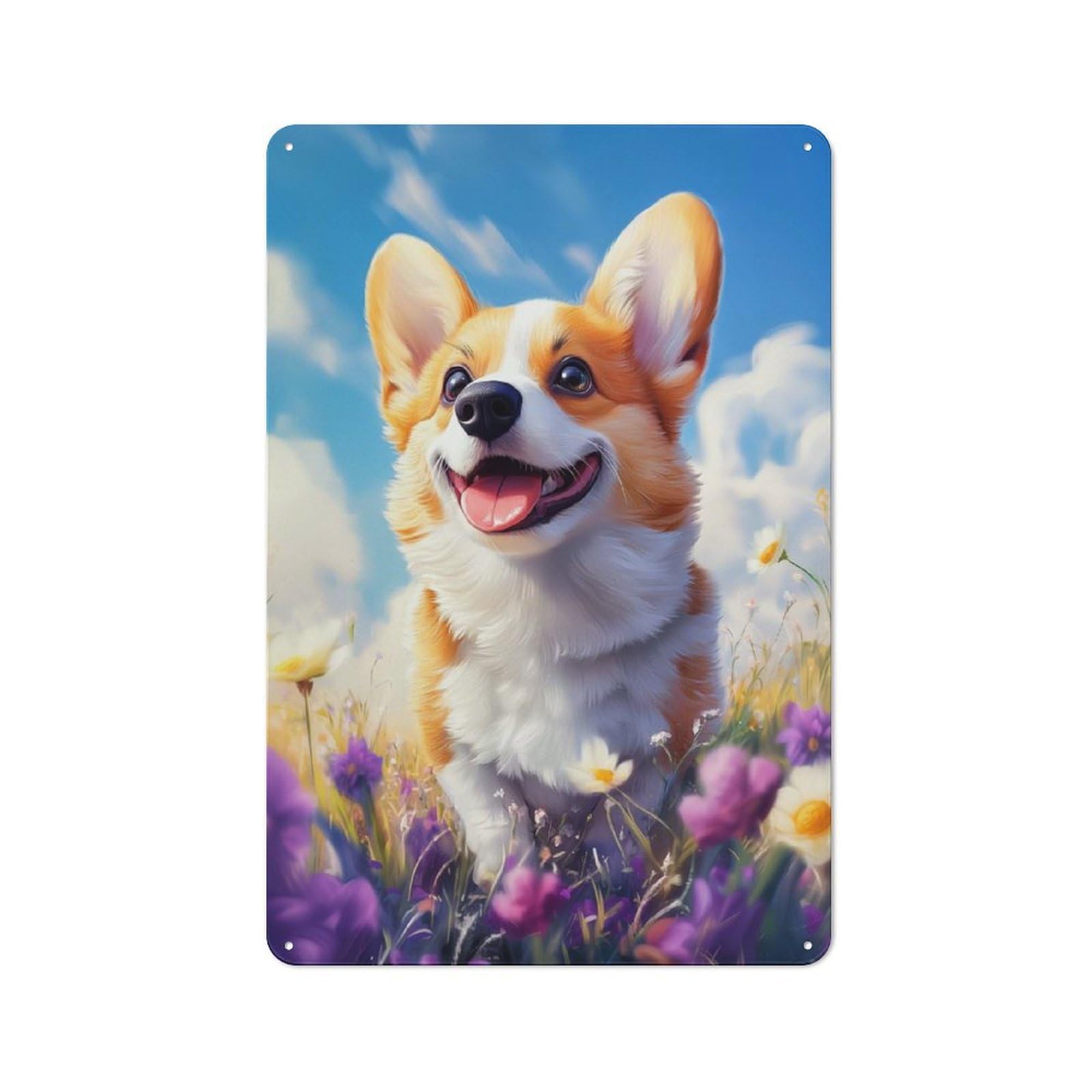 Junmoney Smiling Welsh Corgi In Flowers Nostalgic Decorative Tin Sign 30X20cm Featuring Old Style Wall Plaque For Kitchen, Hallway, Bar Or Small Cafe