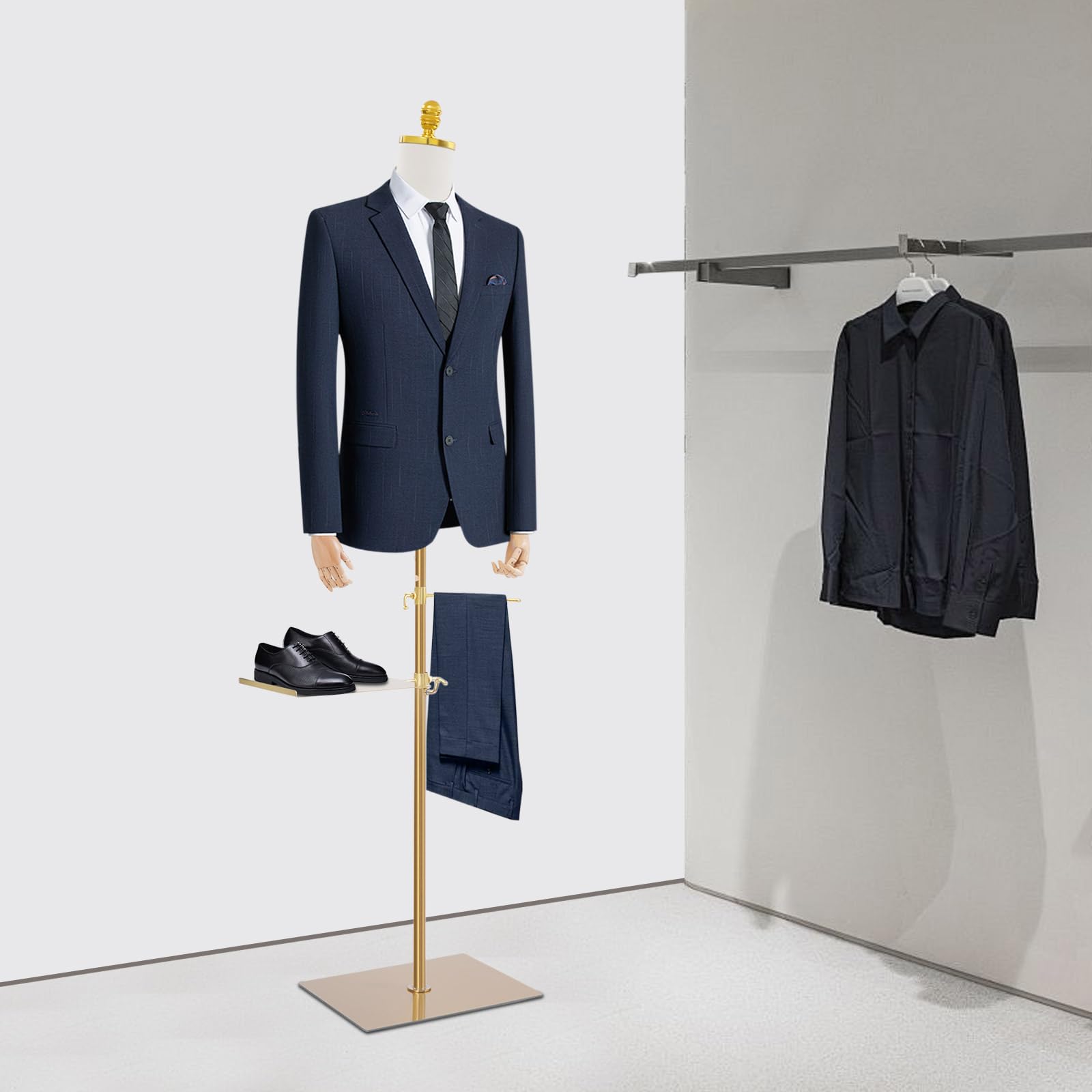 Schaufensterpuppe Männliche Verstellbare Höhe 70-130cm Mannequin Herren mit Holz Armen + Hosenständer + Schuhständer Kleiderform Verstellbarem Torso & Pose Kleiderpuppe für Boutiquen, Geschäfte