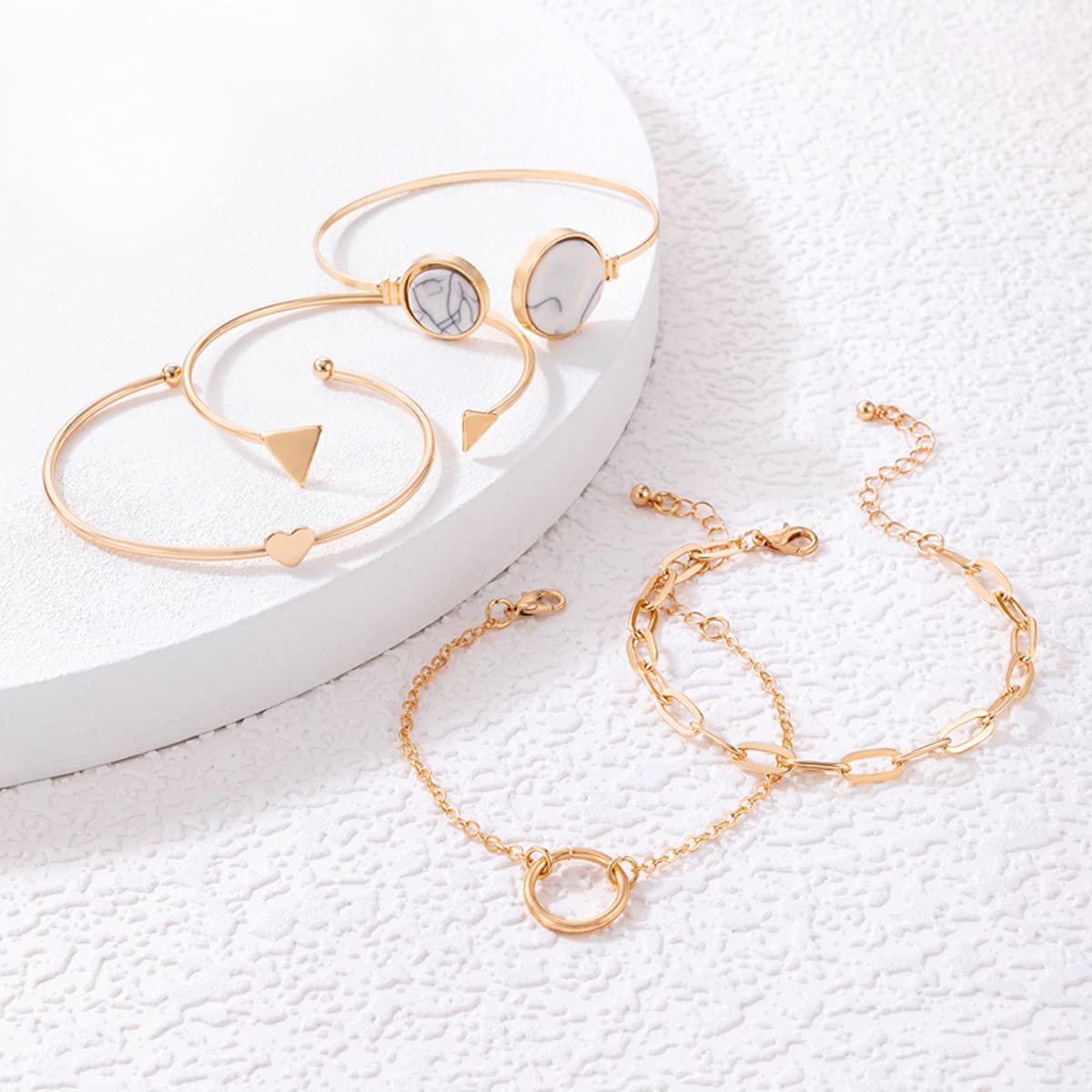 5pc Contemporary Stackable Bracelet Set, Gold Plated