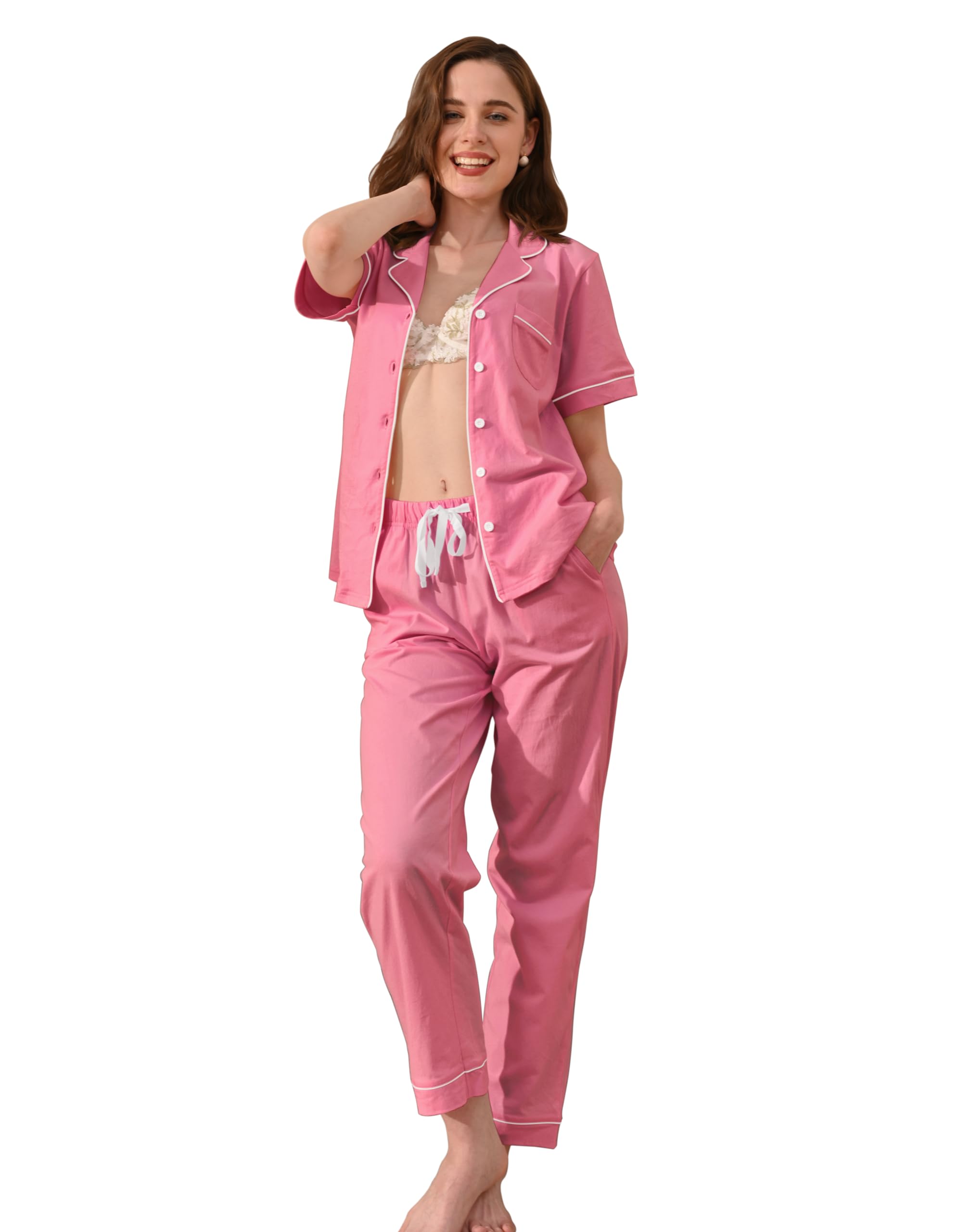 NAP BOUND 100% Cotton Women's Pajama Sets Short Sleeve Button Down Soft Pjs 2 Piece Lounge Set with Pocket Nightwear XS-XXL