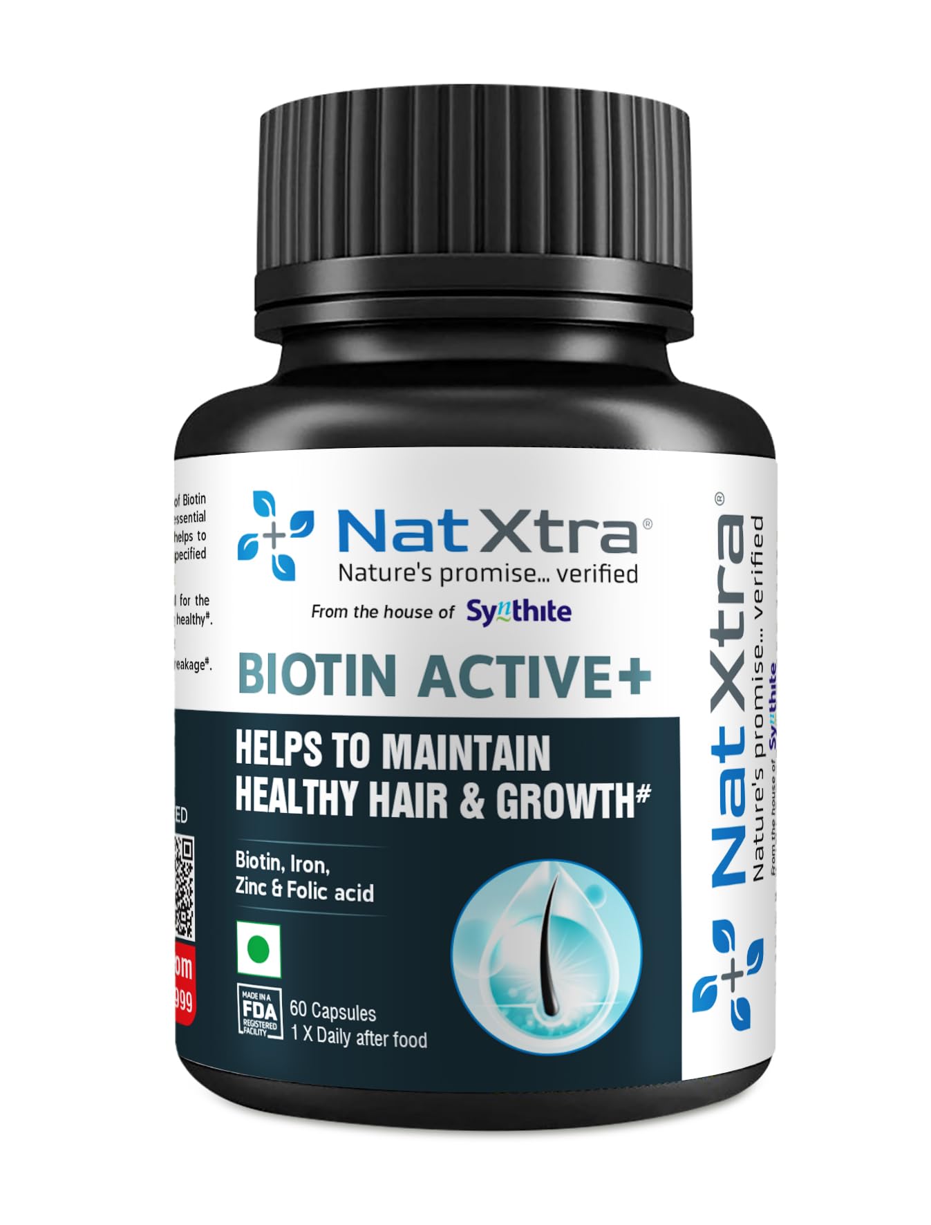 Natxtra Biotin Active+ | Hair Growth & Strength | Biotin, Folic Acid & Iron for Thick, Healthy Hair | 60 Veg Capsules