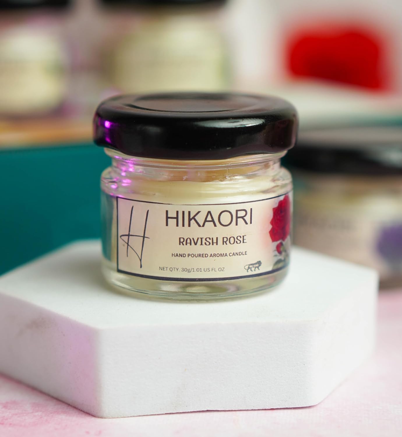 Hikaori Scented Candles Fragrance Jar Candle Set Soy Wax 30gm Pillar Candles Luxury Aroma Therapy Votive Jar Handcrafted | Smoke-Free | for Home Decor Gift Set (Ravish Rose, Pack of 4)