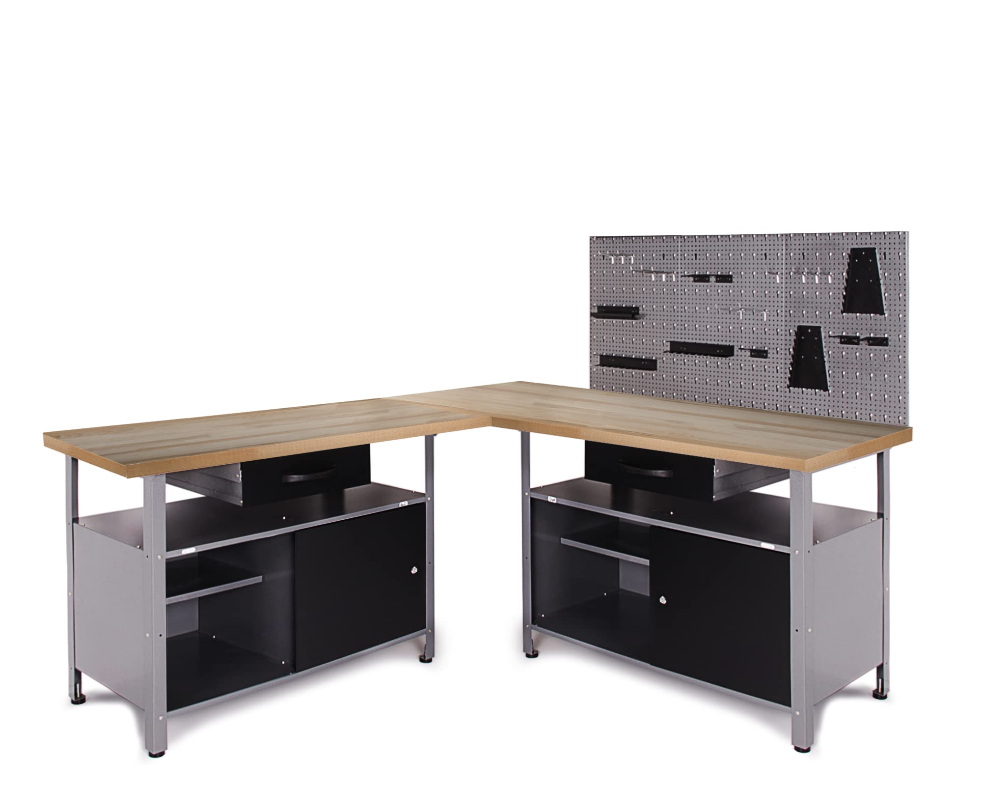 Ondis24 Werkstatt Set Ecklösung One, Werkbank, 120 cm Buchenholzarbeitsplatte, Werkzeugwand Lochwand, Haken Set, Metall (Arbeitshöhe 85cm, schwarz)