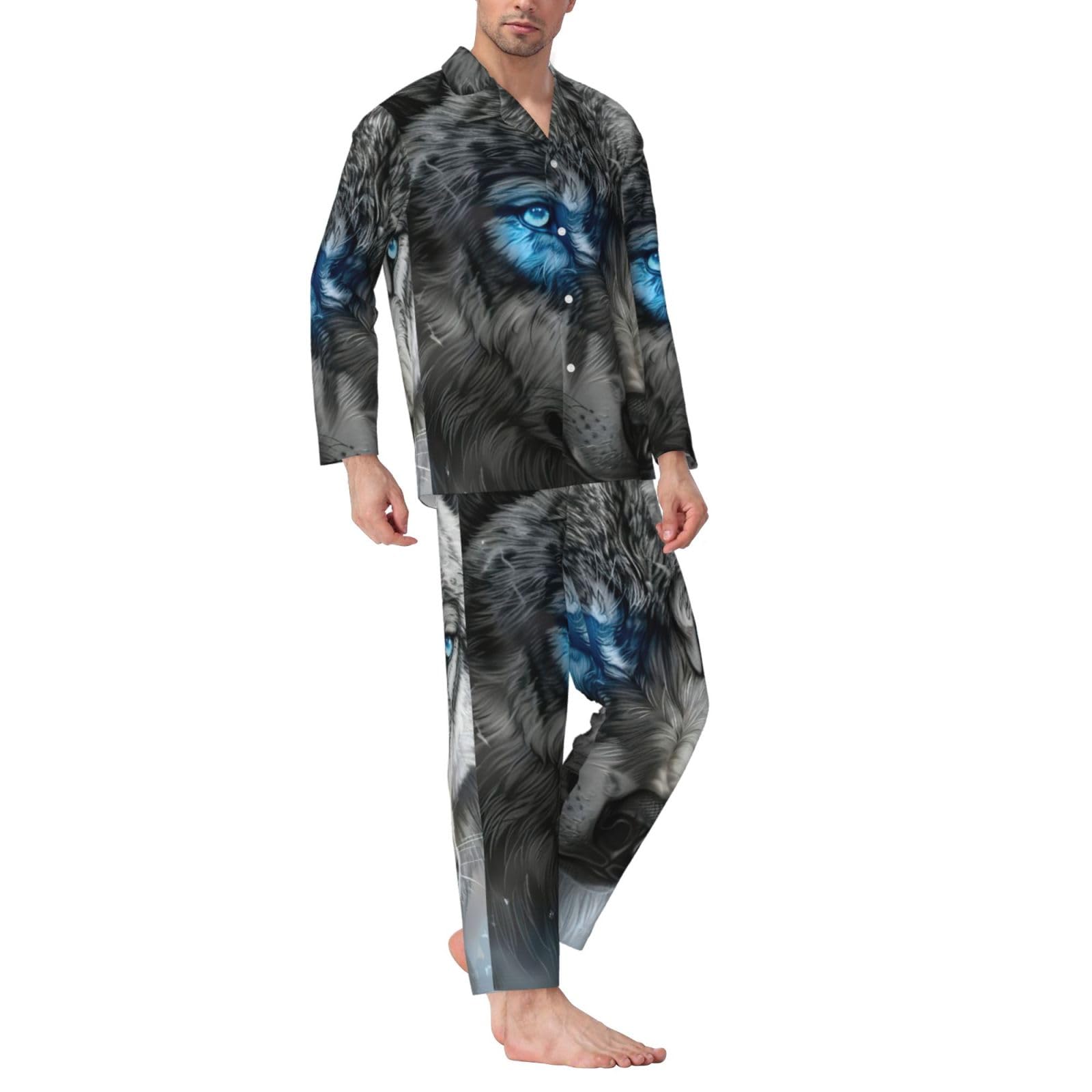 Blue Eyes Lupo Stampa Uomo Manica Lunga Pigiama Set Due Pezzi Pantaloni Lounge Per Inverno Autunno Primavera Estate