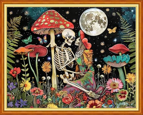 Image of Magxvouy Cross Stitch Kits Stamped Full Range of Embroidery Kits,Cross Stitch Patterns Needlework Kits for Beginners 11CT Printed Kits&Skeleton Couple Mushroom 16x20 inch