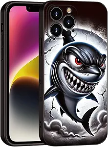 Printed Shark Pattern for iPhone 16 pro max Case, Printed Fierce Red-Eyed Shark Cartoon Silicone Soft Shockproof case,for Girls & Women & boy & Men (B1-Cartoon Shark-Cool)