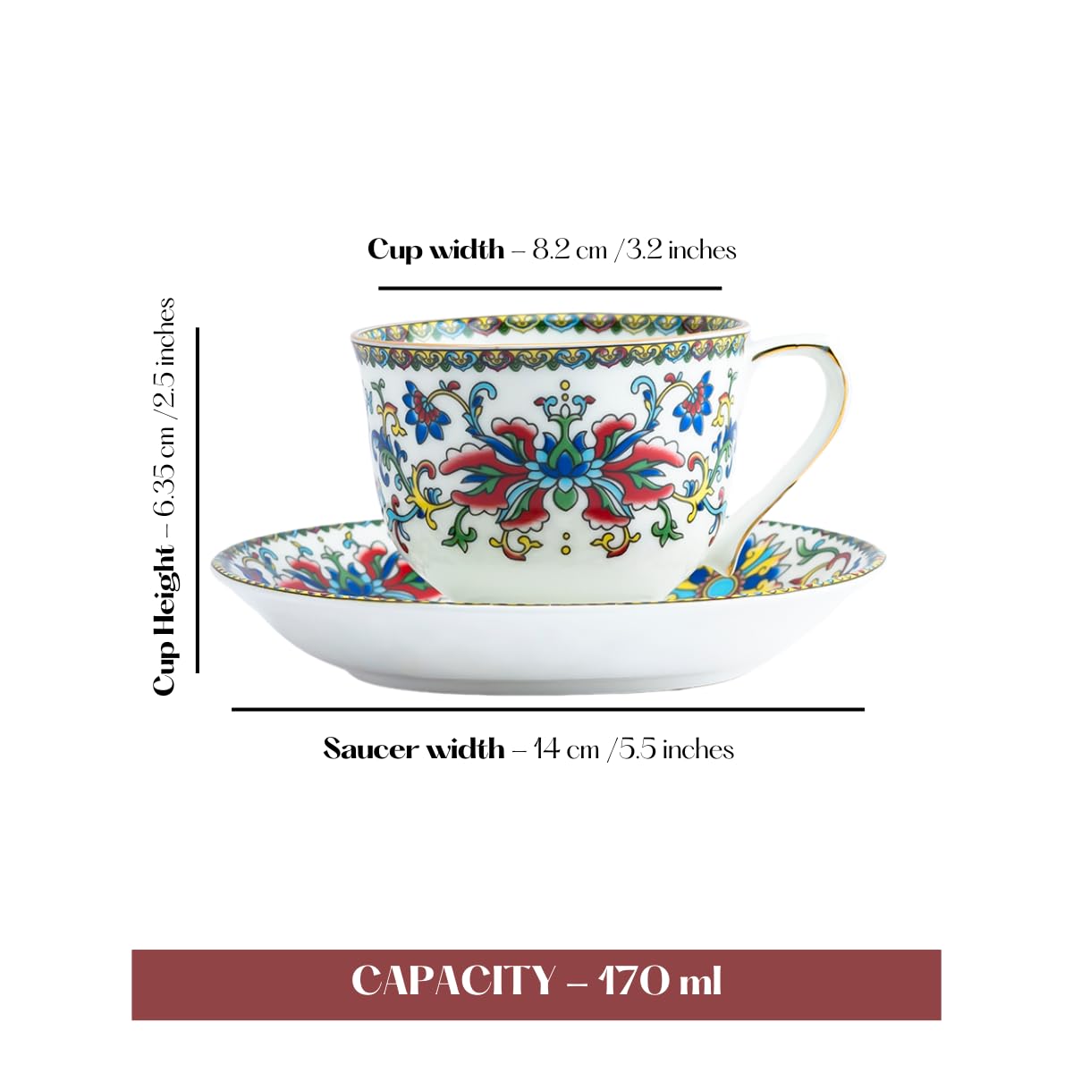 GOLDEN QUEEN'S Cup & Saucer Set | Perfect for Hosting & for Tea/Coffee Lovers | Handcrafted in India, Inspired by Florals & 24-Carat Gold Rim | 6 Cups & 6 Saucers |170 ml (Himalyan Flora) 1