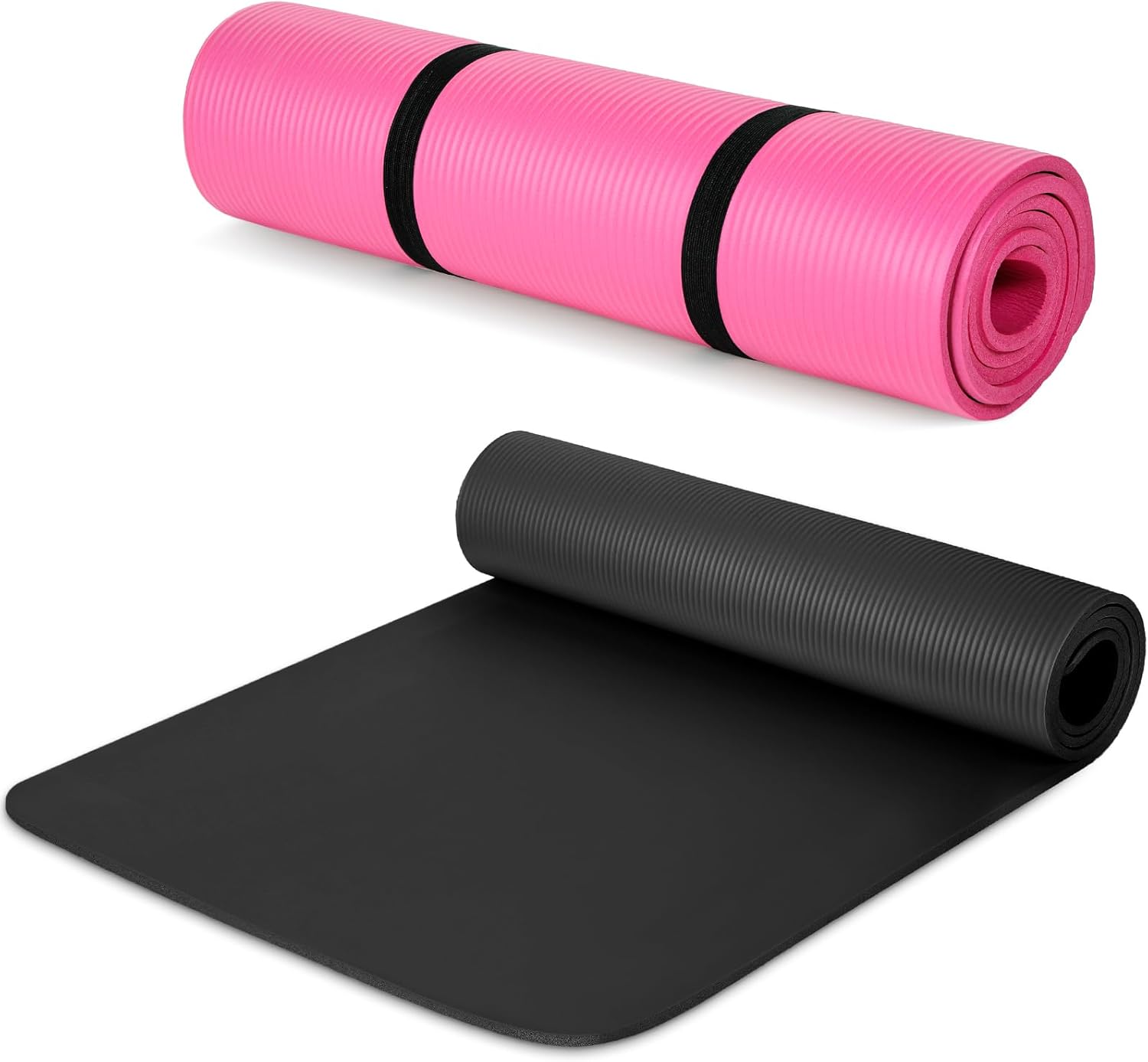 Woanger 2 Pack Yoga Mats (72x24) 3/8 Inch Thick Yoga Mat for Home Workout with Strap Non Slip for Women Men Black, Rose Red