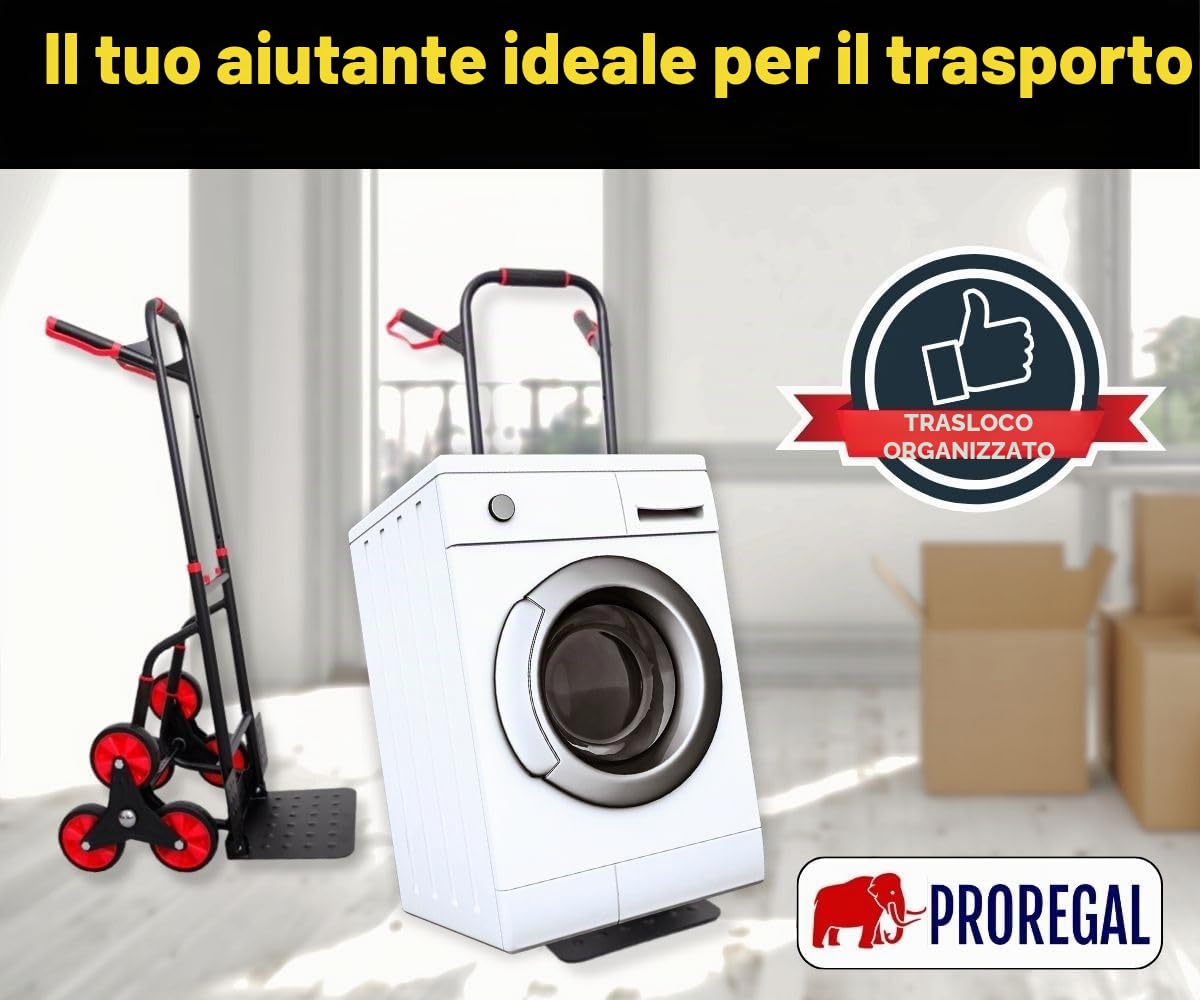 PROREGAL Carrello professionale pieghevole per scale TAURUS 250 | AxLxP 115x52x63cm | Portata 250kg | Telaio in acciaio, maniglie ergonomiche, ruote in gomma TPR | Rosso-Nero