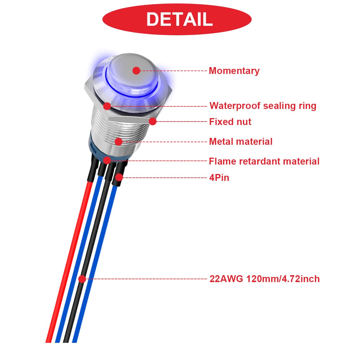 6 szt. 12 mm chwilowy przycisk LED czerwony/niebieski/zielony ze srebrną obudową DC 12 V 3 A 4-pinowy 1NO SPST IP65, wodoszczelny, okrągły metalowy przełącznik, przycisk ze stali nierdzewnej