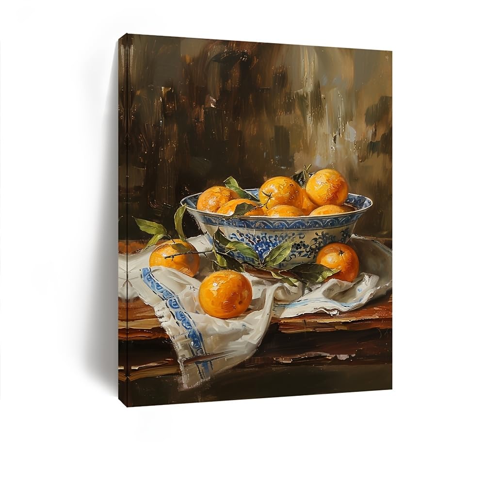 Ukixom Frameless Canvas Posters Prints Vintage Orange Still Life Canvas Painting Elegant Wall For Art Featuring Oranges In A Bowl Home Decor(60X75cm(24X30in)/Unframed)