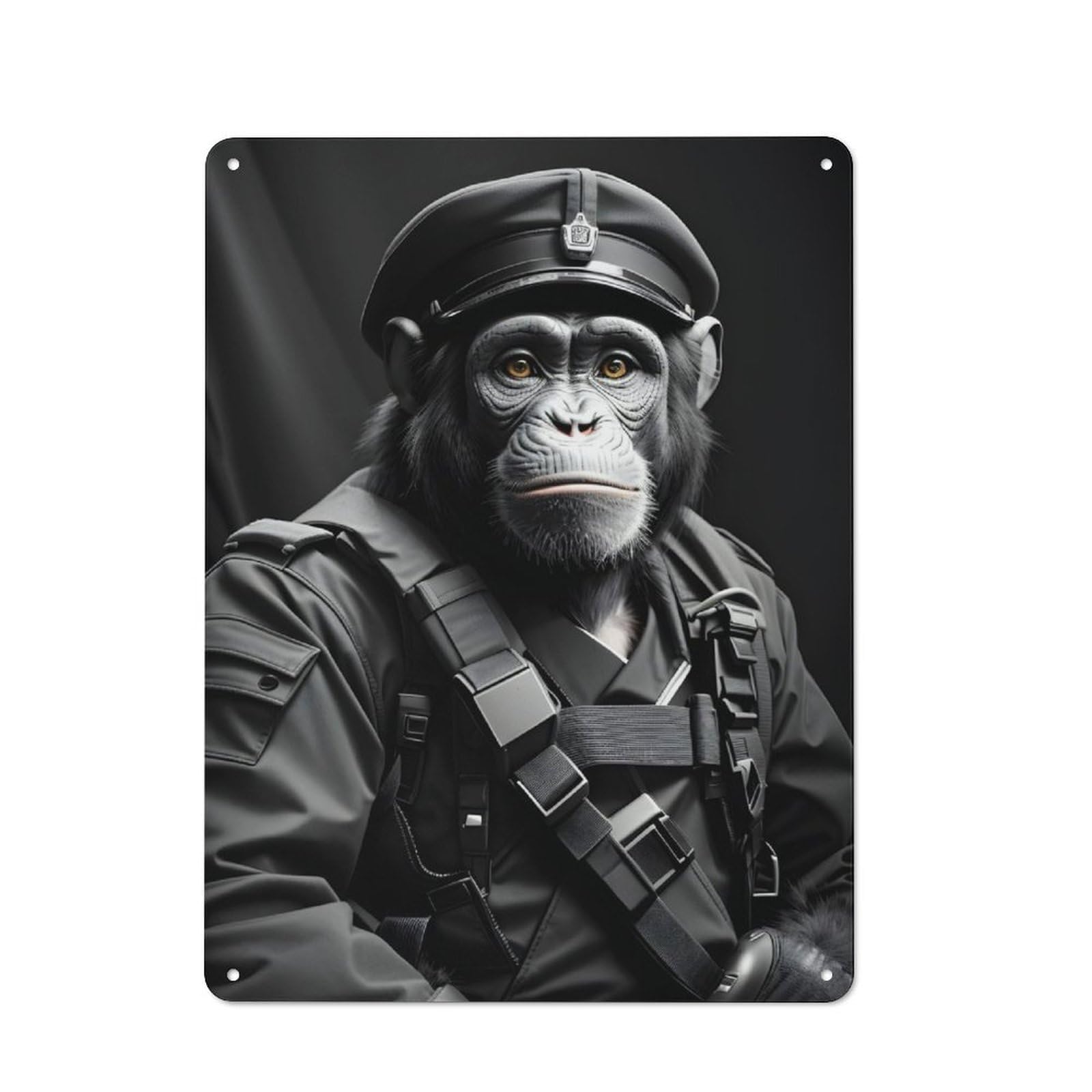 Nostalgic Decorative Tin Plaque 40x30cm Featuring Soldier Chimpanzee Bnw, Classic Pub Decor for Cafe, Pub, Workshop Or Home Bar