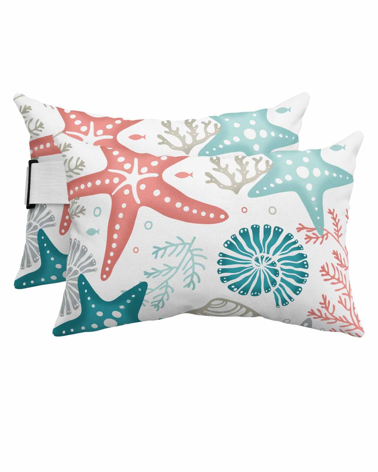 Outdoor Pillows Covers with Inserts Summer Ocean Teal and Red Grey Coral Starfish Seashells Waterproof Pillow with Adjustable Strap Throw Pillows for Patio Furniture Lounge Chair, 11x16 Inch, 2PCS