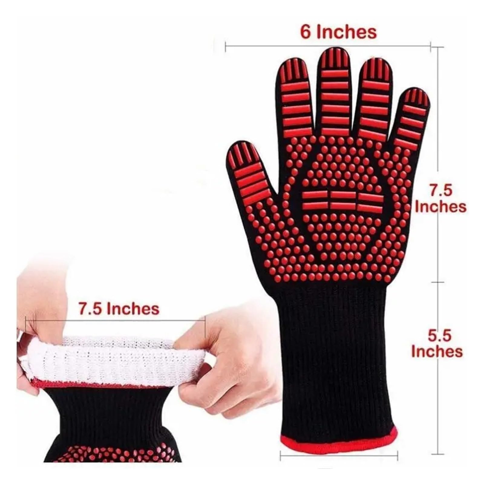 Genérico Guantes BBQ, Guantes Antideslizantes de Cinco Dedos 1472°F, 1 par | Silicona, fibra de aramida, poliéster-algodón, microfibra; 13.7in; con 50 guantes desechables(Black 1 PCS)