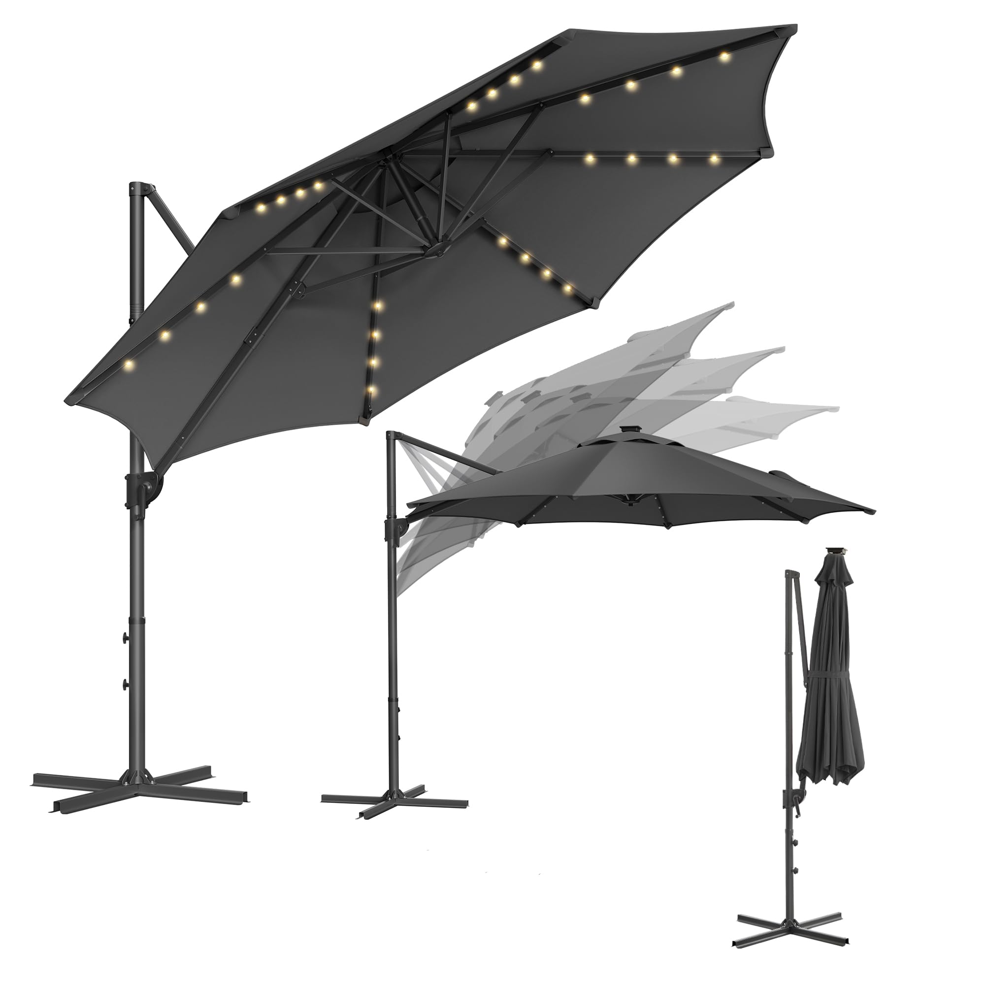 SONGMICS Parasol de Jardin 300 cm, 28 LED Solaires, UPF 50+, Parasol d Extérieur, Pivotant à 360°, Inclinaison Fluide, Manivelle, avec Base en Croix, Gris GPU047G02