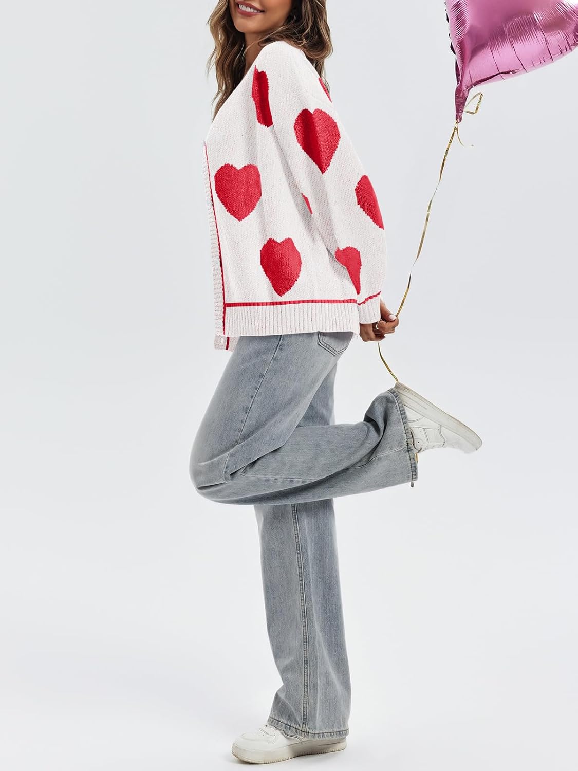 Saodimallsu Womens Cute Heart Cardigan Sweaters Chunky Knit Button Down Crewneck Long Sleeve Sweater Coat - Image 4