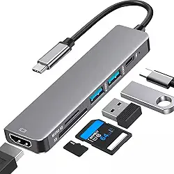 Adaptador Hub USB-C 7 em 1 com Saída HDMI 4K a 60Hz, 7 Portas, USB 3.0, Leitor de Cartão SD, Carregamento Rápido Multiportas e Fonte de Alimentação Tipo C - Premium