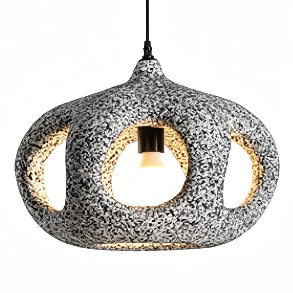 ESIYUVO 15.7in Retro Industrial Pendant Light Hollow Rock Shaped Hanging Lamp High-Density Polystyrene Metal Lighting Fixture 47.2in Adjustable Cord Single Head Chandelier E27 for Bedside Guesthouse