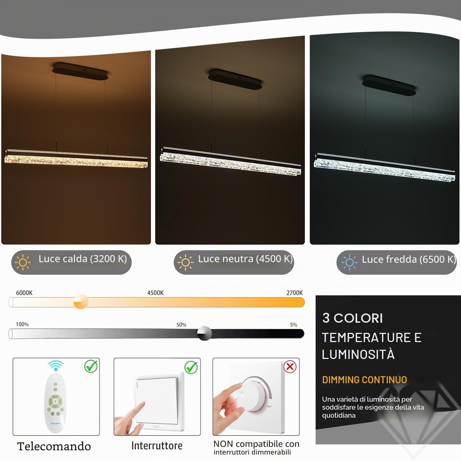 Moderna Lampada a Sospensione a LED per Tavolo da Pranzo Lunga 120cm Dimmerabile Illuminazione a Sospensione a LED per Isola Cucina Lussuosa Plafoniera per Sala da Pranzo e Ufficio