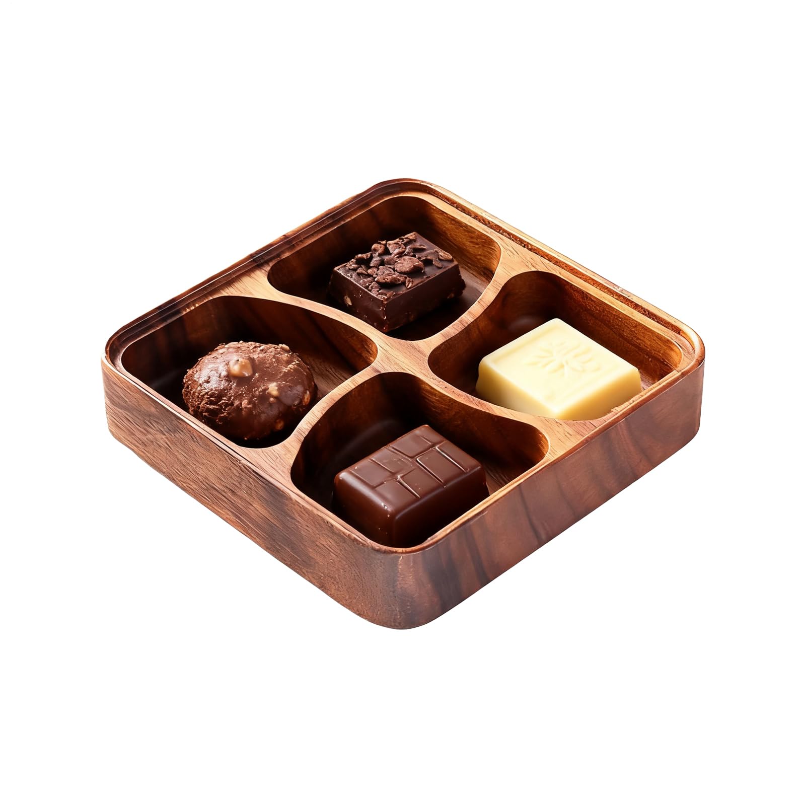 Wood Snack Bowl Natural Smooth Safe Organizer 4 Grid | Wood Snack Bowl with Dividers for Friends Men Women Nuts Dried Fruit Home Kitchen Party Indoor Livingroom Serving