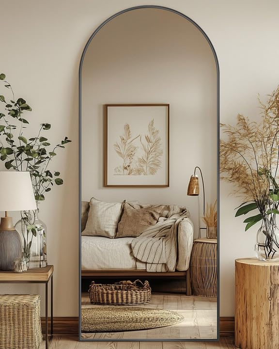 Full Length Mirror, 59"x18" Floor Mirror, Arch Floor Standing Mirror Freestanding Arch Full Body Mirrors with Stand for Bedroom, Hanging Mounted Mirrors for Living Room Cloakroom, Black