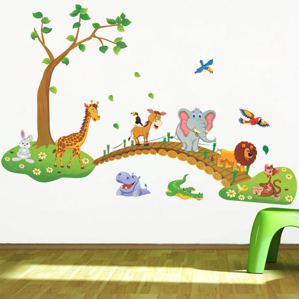 YAABC 3D Cartoon Jungle Wildlife Tree Bridge Lion Giraffe Elephant Bird Flower Wall Sticker Children's Room Living Room Home Decor
