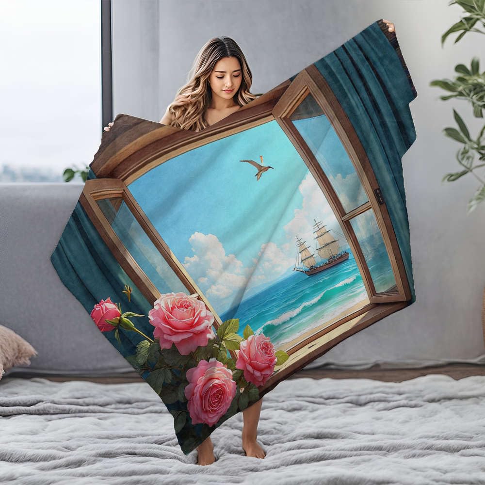 Couverture pour lit mer et roses plaid de flanelle chaude pour salon et chambre
