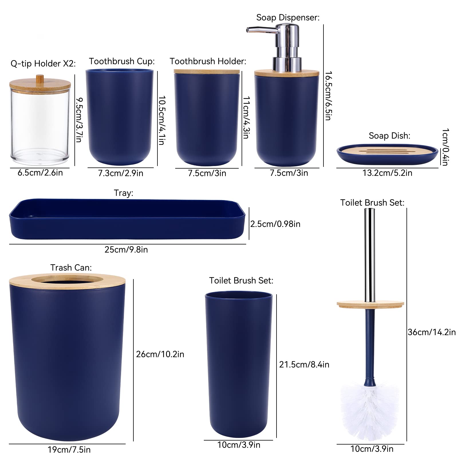 SLDIYWOW - Accesorios de baño azules, 9 accesorios de baño azul marino con cubo de basura, bandeja, dispensador de jabón, soporte para cepillos de dientes, vaso para cepillos de dientes, jabonera