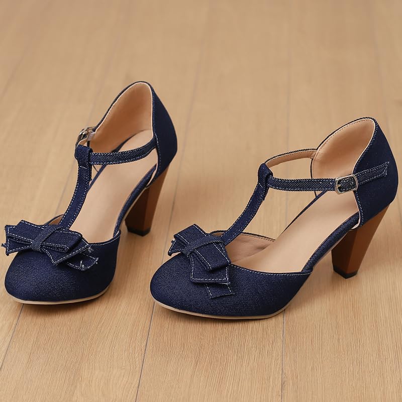 Image of Elbslutt Women's Cute Retro Rockabilly Shoes T Strap Mary Janes Heels Chunky Cosplay Shoes Sweet Block Heeled Bow Pumps