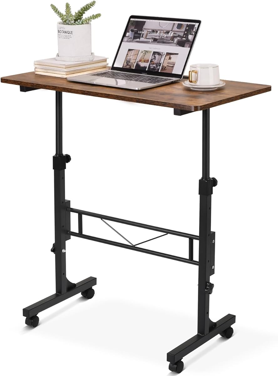Small Standing Desk Adjustable Height 32 Inch Mobile Sit Stand up Desk Portable Rolling with Wheels Standing for Walking pad Treadmill Rustic