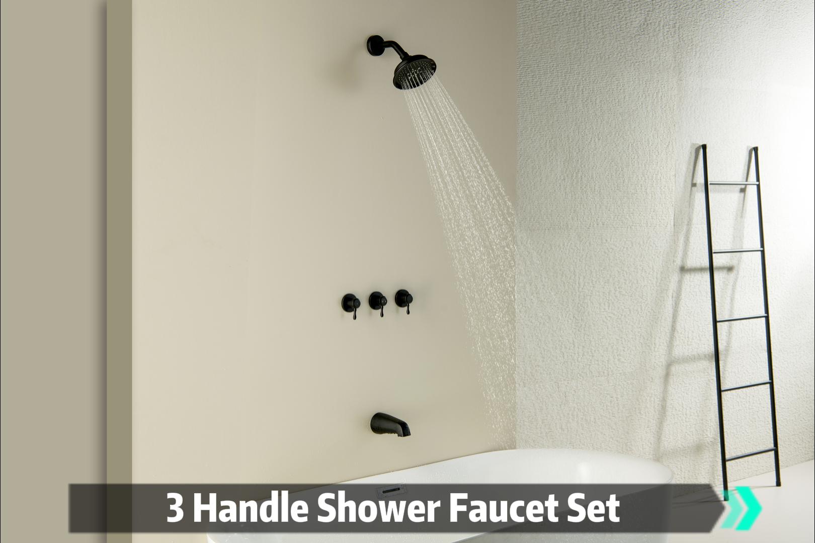 Juego de grifería para bañera y ducha de 3 manijas, negro mate, con grifo para bañera y válvula central de 8 pulgadas, 3 perillas, rociador manual ABS de 5 modos y cabezal de ducha, núcleo de válvula extendido de acero inoxidable de 5,7 pulgadas miniatura 7