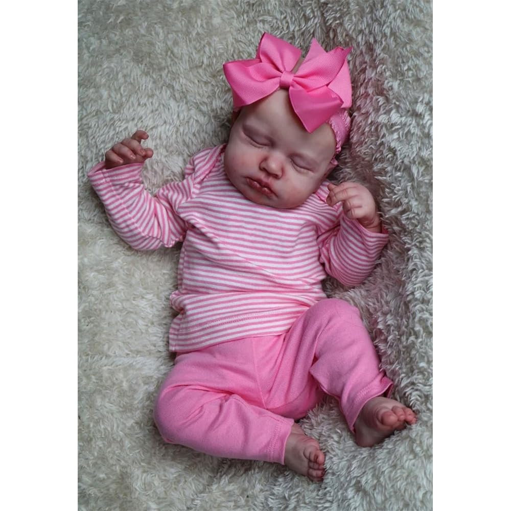 Bambola Reborns 50 cm, Vinile di Alta Qualità, Bambole Reborn Femmine Outfit Rosa e Bianco a Righe Bambola Realistica Rinato con Accessori dai 3 Anni in su (Versione Bambina Con Occhi Chiusi)