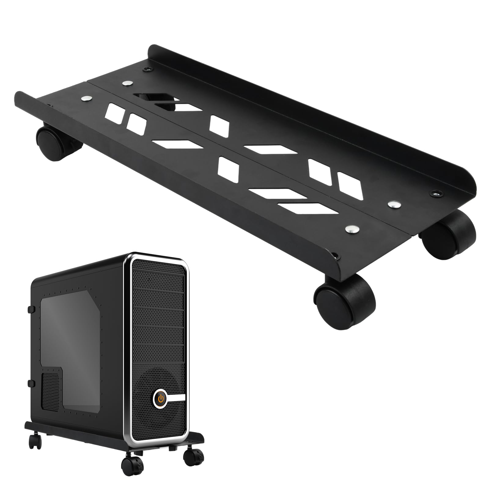 CPU Holder Cart, Supporto da Terra per CPU, Supporto per PC Case con 4 Rotelle Bloccabili Regolabile, Carrello PC per Computer Desktop PC Tower Nero ((49×19.5-25cm))