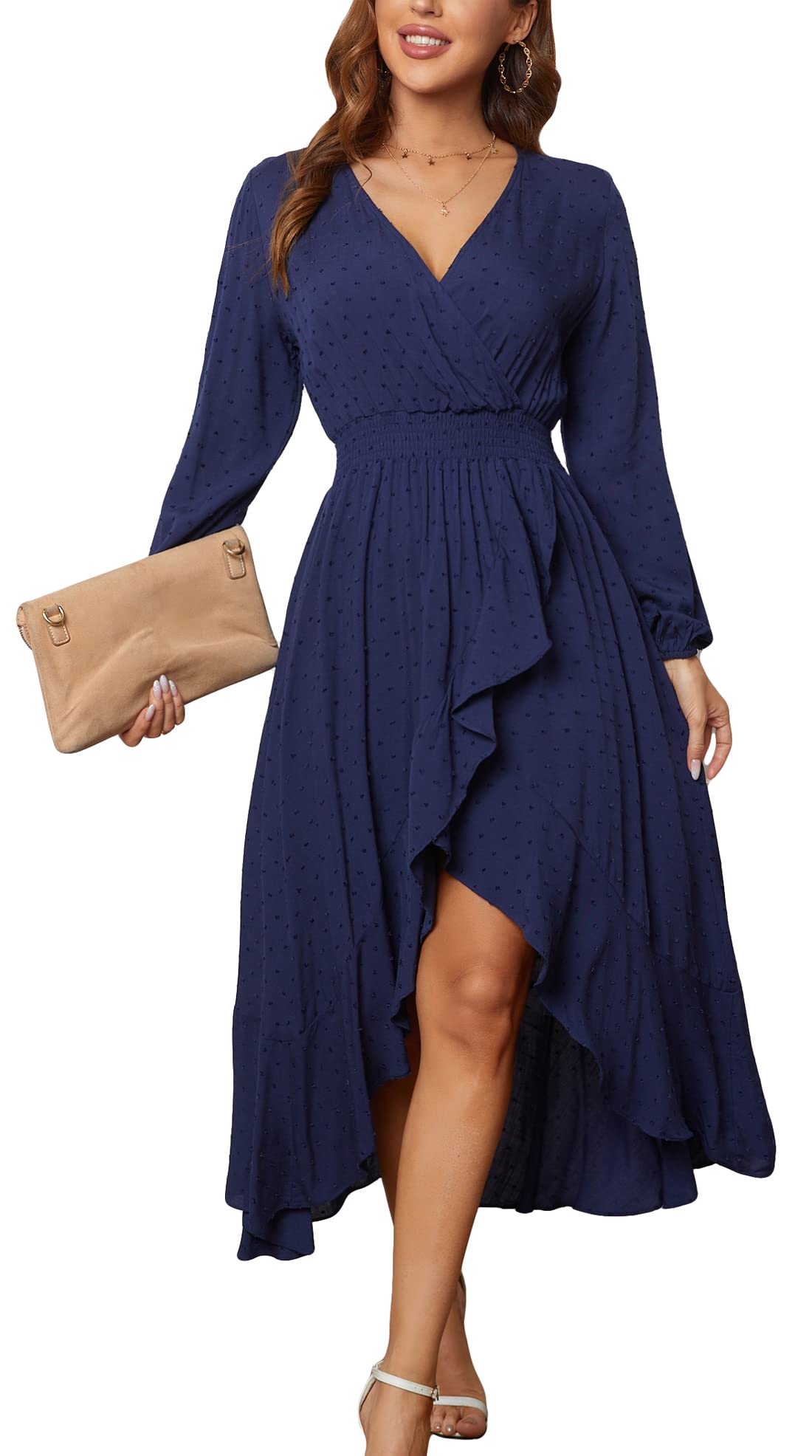 KormeiWomen V Neck High Low Flowy Boho Dots Long Sleeve Party Long Maxi Dress