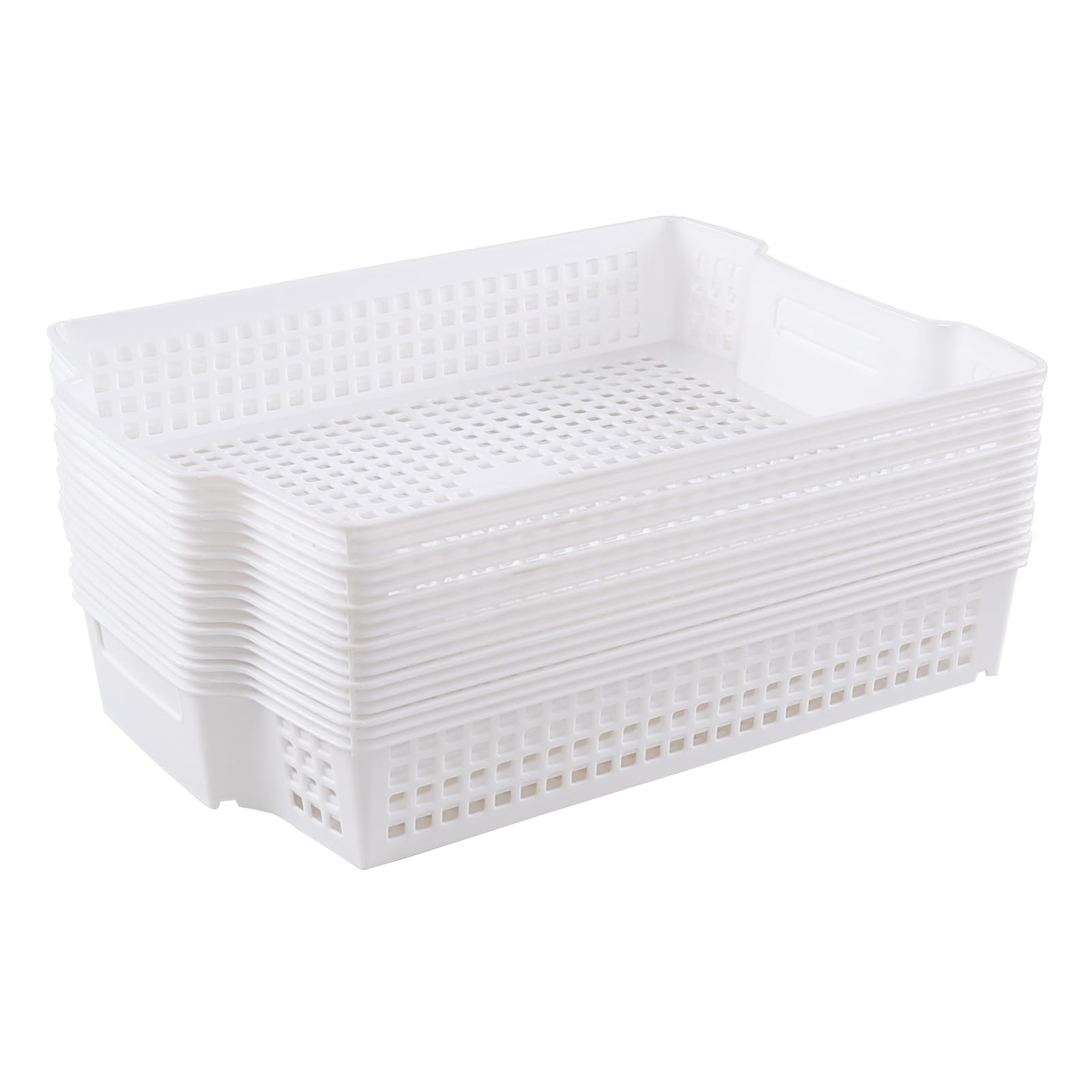 Xowine 6-Pack Plastic Stacking Basket Tray, White Rectangular Shallow Plastic Storage Baskets