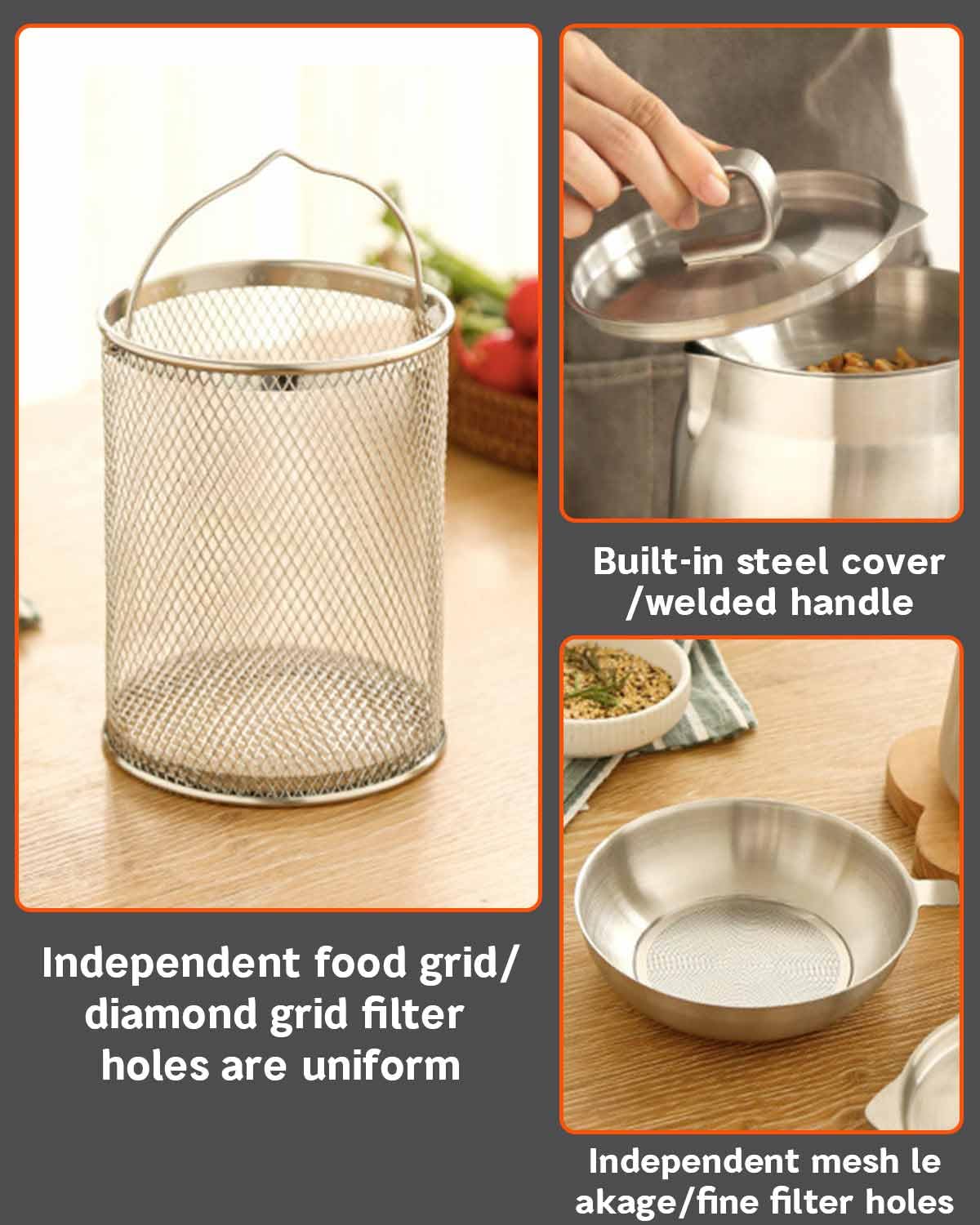 Olla de filtro de aceite de acero inoxidable 304, depósito de filtro de aceite multifuncional de 2 litros, recipiente resistente con colador y tapa, ideal para cocinar, freír y filtrar aceite,