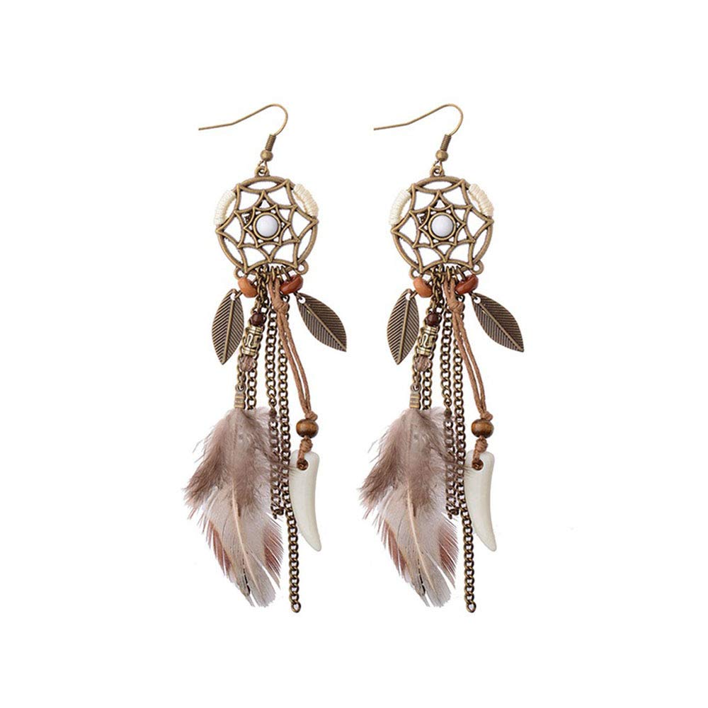 Boucle d'oreille pendante, boucle d'oreille rétro accessoires boucles d'oreilles plume percée ronde pendentif brun longues boucl