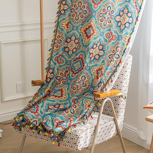 Image of Turquoise Blue Boho Curtains 72 Inches Long, Colorful Medallion Farmhouse Light Filtering Rod Pocket Drapes with Tassel Trim for Bedroom Living Room, 2 Panels