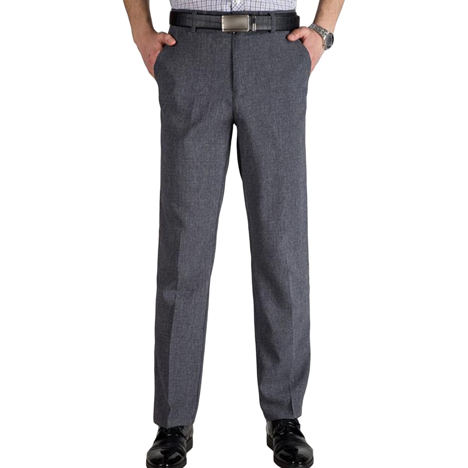 Mens Straight Fit Stretch Dress Pants Plain Flat Front Loose Suit Pant Casual Classic Fit Golf Chino Trousers