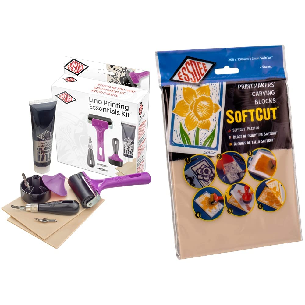 Essdee L3BPEK Lino Printing Essentials Kit, Black & SoftCut Printmaking and Carving Blocks, PVC, Multi-Colour, 200x150mm