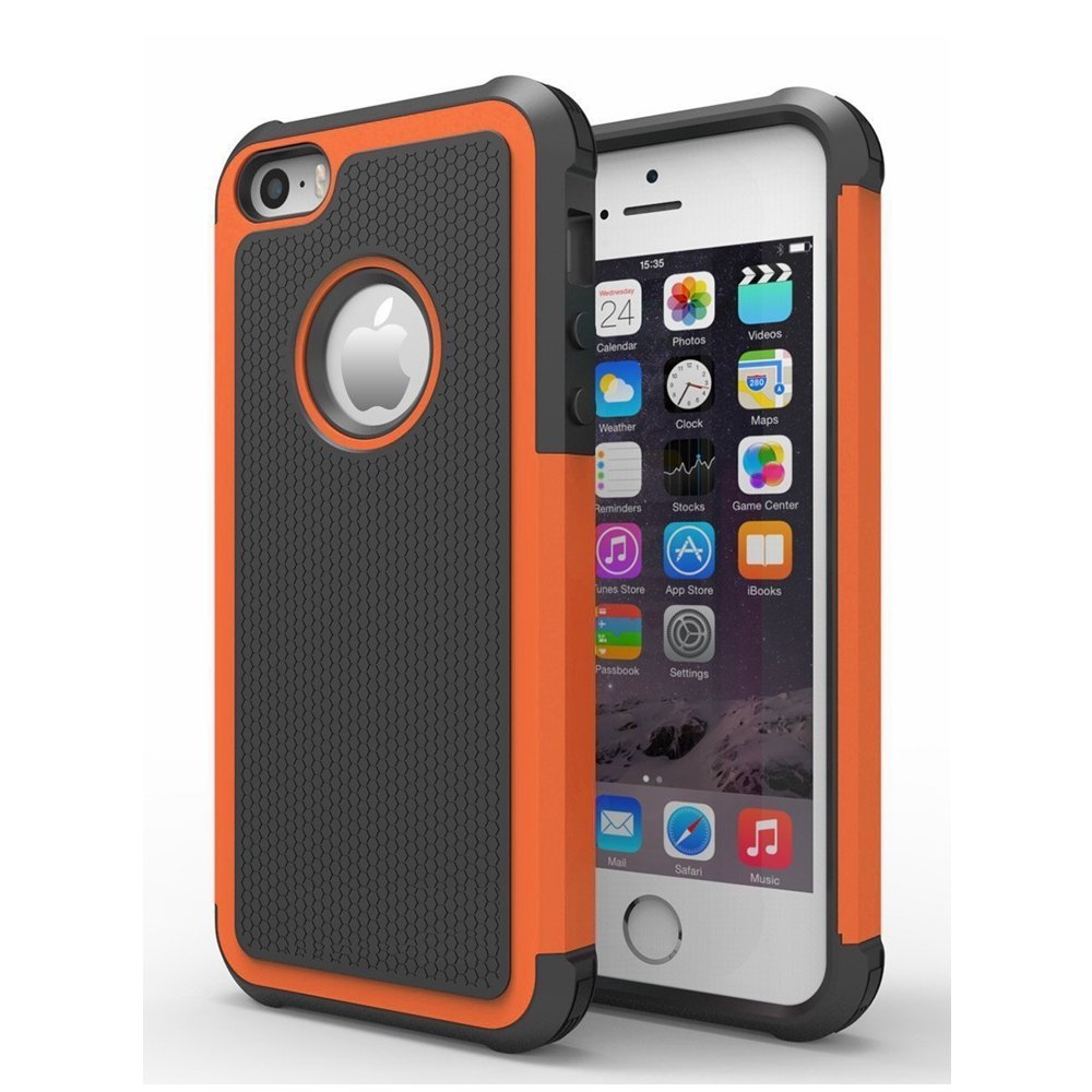 Shock- Absorption/High Impact Resistant Hybrid Dual Layer Armor Defender Full Body Protective Cover Case Compatible with iPhone 5/5S/SE(2016) (Orange)