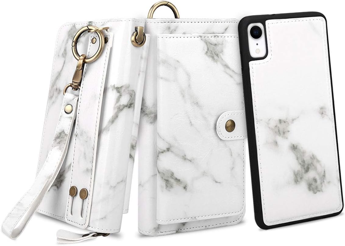 Petocase Compatible with iPhone XR/10R Wallet Case, Multi-Function Zipper Purse with Detachable Magnetic Back Cover Wristlets 13 Card Slots & 4 Cash Pocket for Apple iPhone XR/10R White Marble