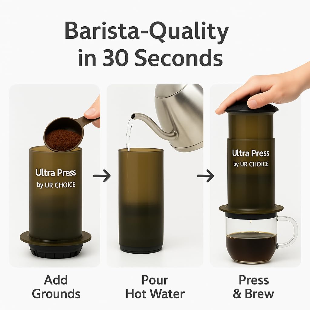 UR CHOICE Caffettiera portatile – Macchina da caffè compatta 3 in 1 per viaggi, campeggio e uso quotidiano | Microfiltrazione di precisione, nessun sapore amaro | Pressa per caffè leggera e resistente