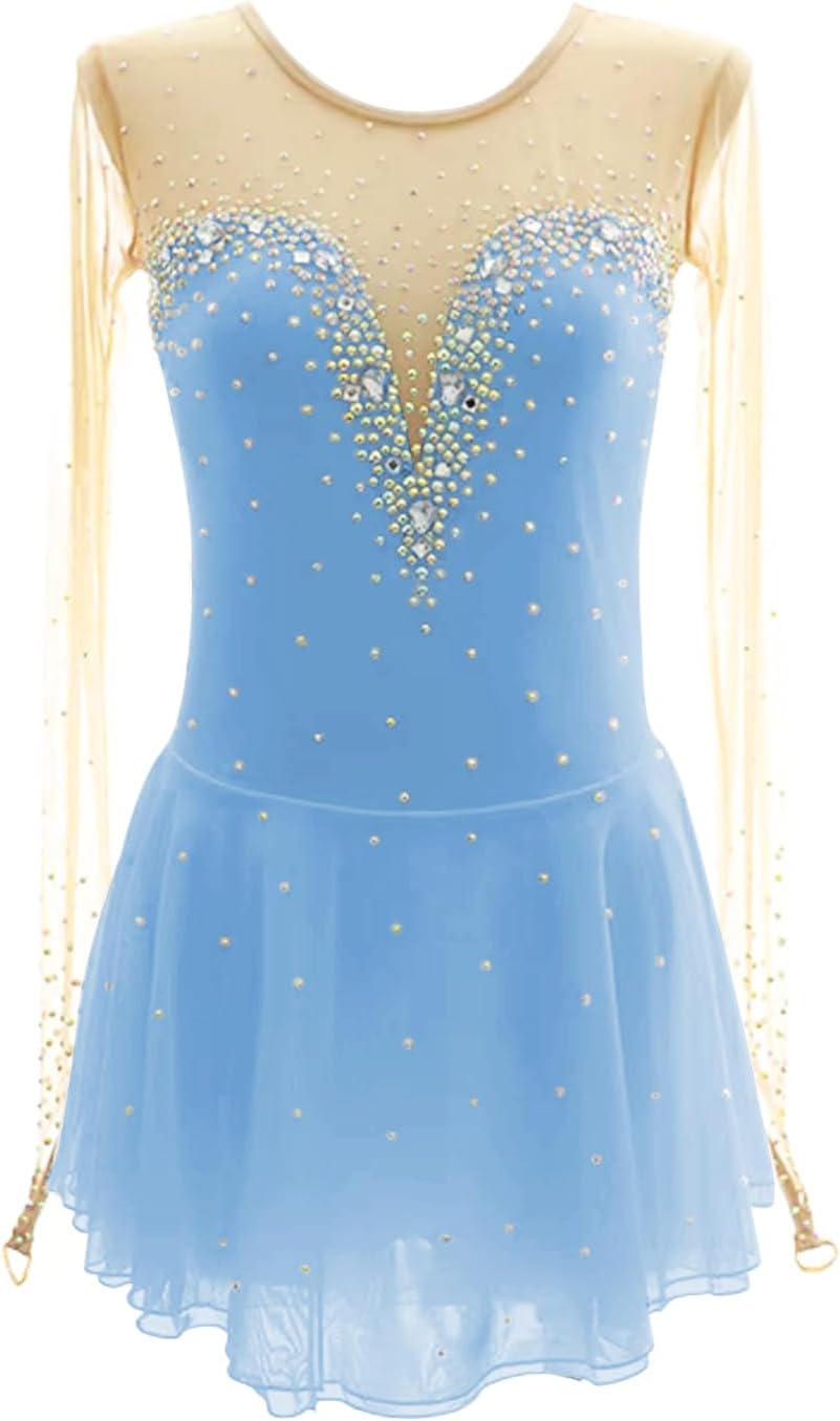 Figure Skating Dress,Girls Round Neck Long Sleeved Hook Finger Diamond Skating Performance Competition Wear Costume